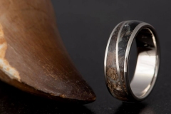 Handmade wedding ring in white gold and genuine Triceratops bone, Megalodone tooth, Trex bone and muonionalusta meteorite