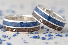 sterling silver wedding ring with dinosaur bone, meteorite and lapis lazuli stone inlay