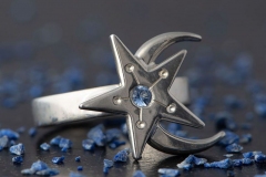 star and moon womens ring, handmade in sterling silver and blue sapphire gemstone