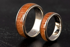 handmade weeding rings from 14 carat white gold and genuine jack daniels wood barrel