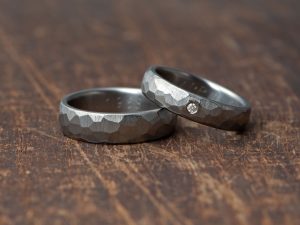 Matching Titanium Ring Set with Faceted Obsidian finish and Diamond